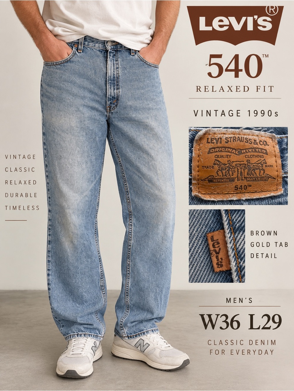 Vintage Levi’s 540 Brown Gold Tab Jeans 36x29 Relaxed Fit 90s Denim